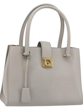 Salvatore Ferragamo Gancini Hand Bag Leather Gray Gold Auth 181831A